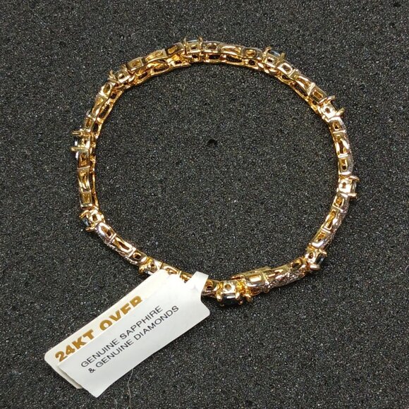 24K Gold Over Sterling Silver Sapphire Tennis Bracelet 7.25" 14g NWT - Picture 1 of 13